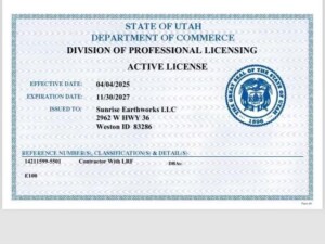 UT Excavation License for Sunrise Earthworks